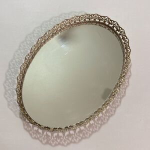 Antique Ornate Vanity Filigree Tray Elegant Decor Gold Oval Mirror withLace Edge